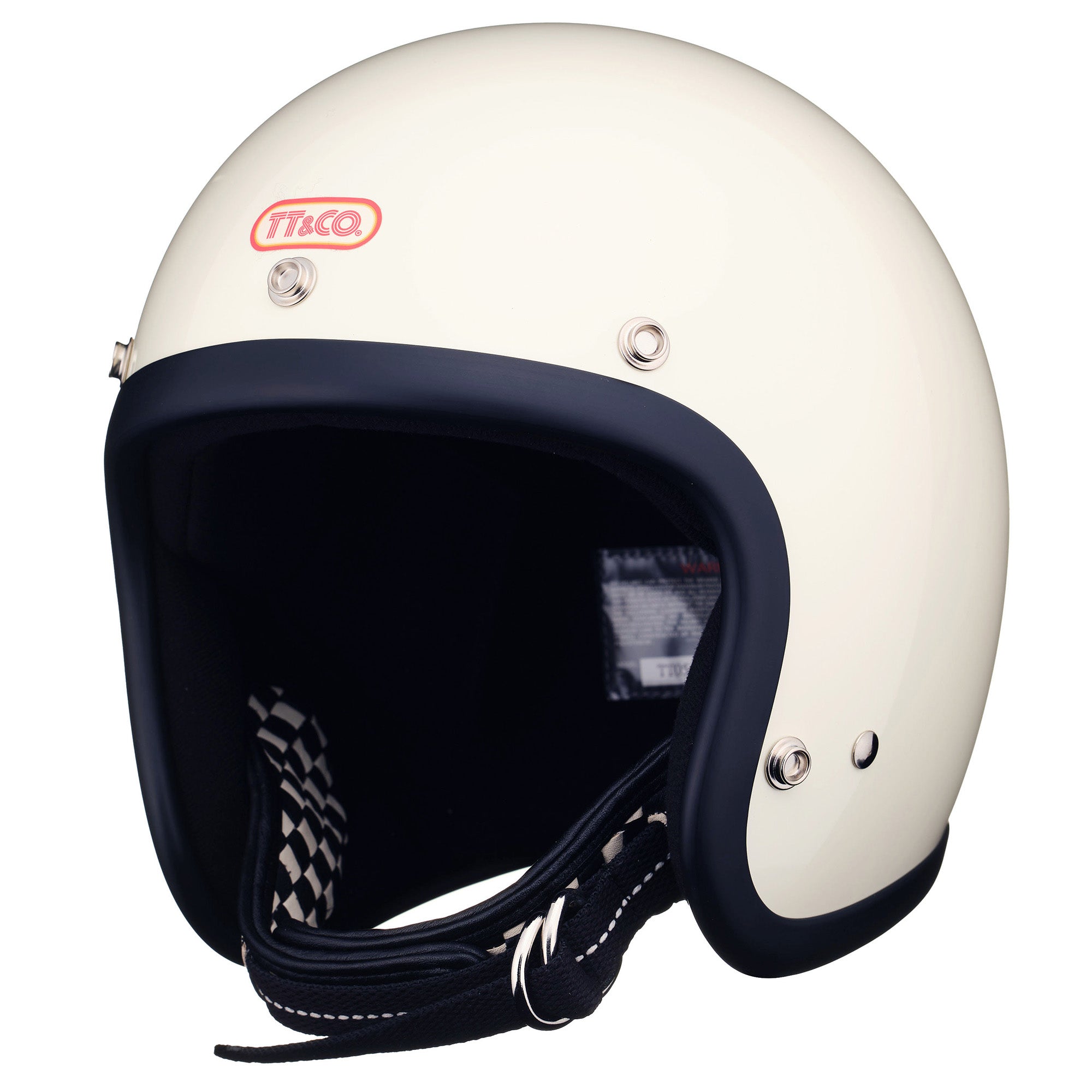 TT&CO. SUPER MAGNUM DOUBLE STRAP BLACK CHECKER IVORY 3/4 OPEN FACE MOTORCYCLE HELMET DOT