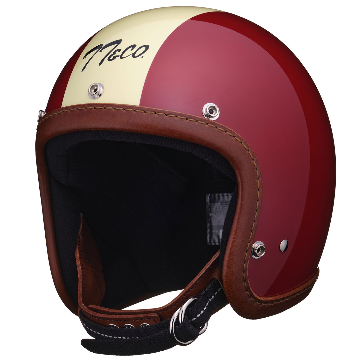 TT&CO. SUPER MAGNUM LEATHER RIM SHOT BROWN LEATHER MAGNUM RACER RED 3/4 OPEN FACE MOTORCYCLE HELMET DOT