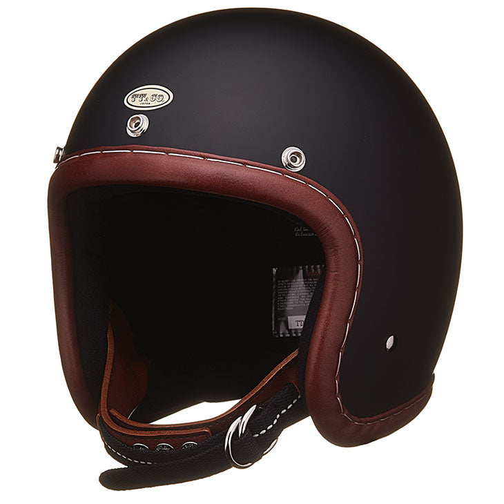 full face leather motorcycle helmet TT&CO. SUPER MAGNUM GENUINE LEATHER TRIM BROWN LEATHER MATTBLACK 3/4 OPEN FACE MOTORCYCLE HELMET DOT