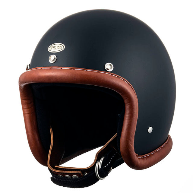 TT&CO. SUPER MAGNUM VINTAGE LEATHER TRIM BROWN MATT BLACK 3/4 OPEN FACE MOTORCYCLE HELMET DOT